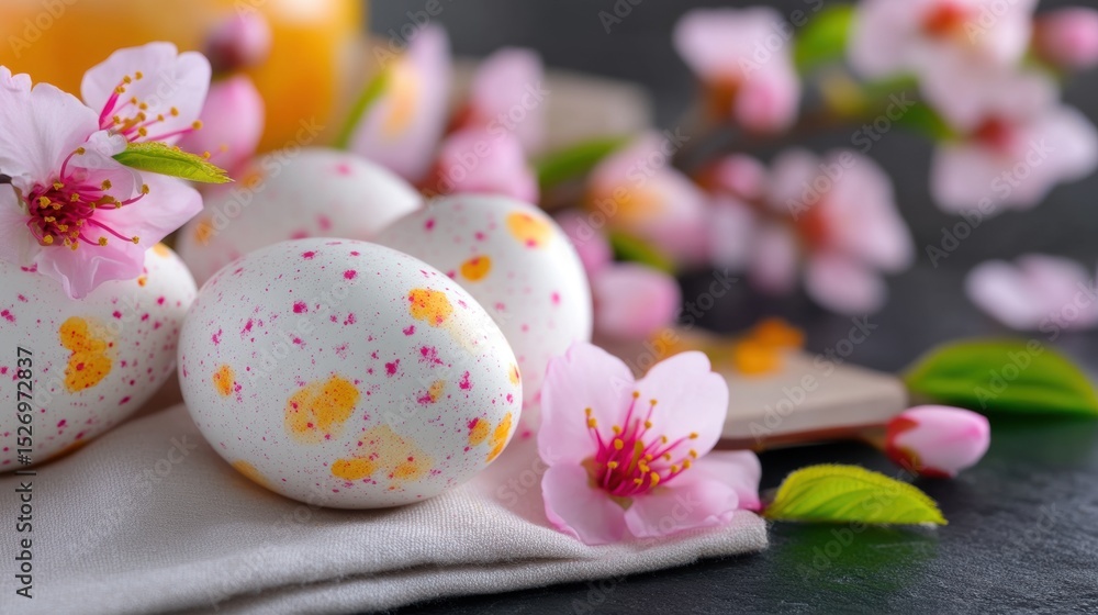 Fototapeta premium Colorful speckled eggs with cherry blossoms on a dark surface