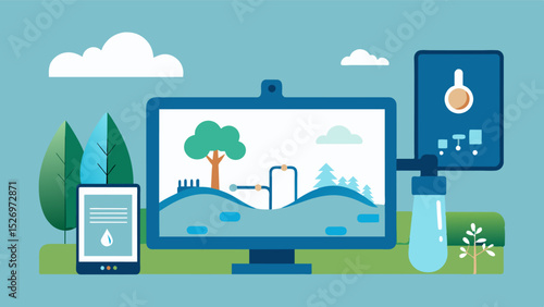 A digital screen displaying realtime water levels and a scrolling message urging residents to conserve water.. Vector illustration