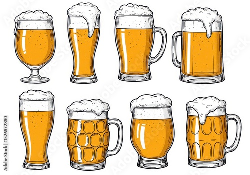 A collection of frothy beer glasses, isolated on white background