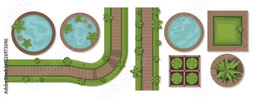 Top View Garden Design Elements with Pools Paths and Plants for Landscape Architecture and Outdoor Space Planning in Vector Illustration