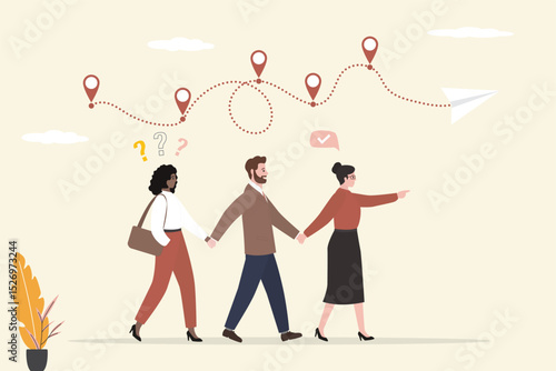 Business journey path in progress to success. team of business people holding hands goes in right direction, paper plane flying. Concepts of business start-up and the way forward.