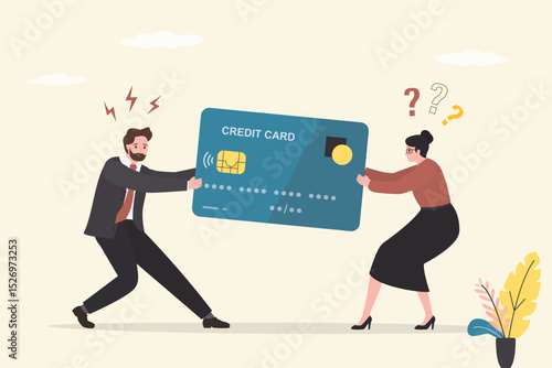 Angry husband and wife pull plastic card in different directions. Married couple shares credit card, family budget. Сonflict over financial spending. Unhappy characters.
