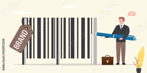 Creative businessman uses pen and drawing bar code. Company identity or build your personal brand, trademark promotion. Big barcode symbol. Brand design creation proces