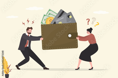 Angry husband and wife pull wallet with money in different directions. Married couple shares credit cards and cash, family budget. Сonflict over financial spending.