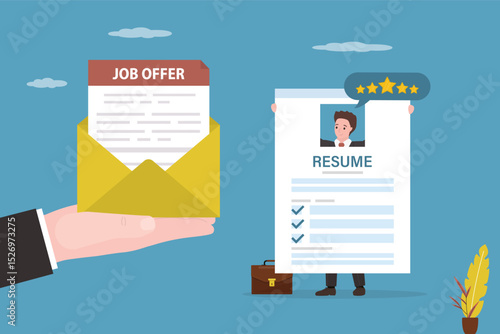 Applicant, qualified employee holds an excellent resume. Good portfolio for hiring. HR agent hand give job offer letter. Confident businessman in search for job,