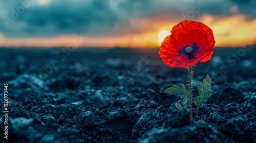 Vibrant red poppy flower blooming in dark soil during sunset