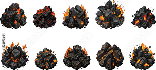  Realistic hot coals, charcoal on a fire flames set vector illustration