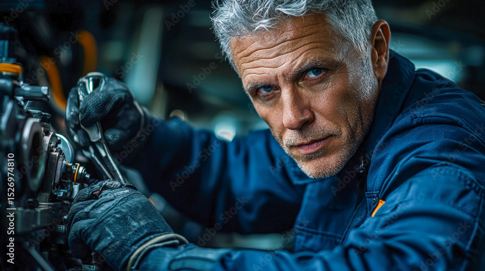 Fototapeta premium Mature male mechanic working on engine in workshop