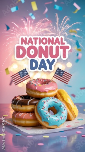 National Donut Day celebration with colorful donuts and flags  