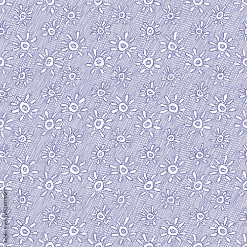 Baby blue doodle sunshine seamless pattern. Whimsical hand drawn decorative newborn nursery design. Fresh classic simple nordic boy style.