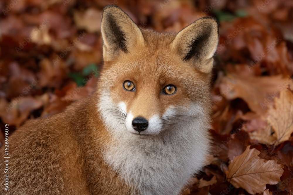 Fototapeta premium Closeup of a red fox its face and upper body centered against a backdrop of fallen autumn leaves