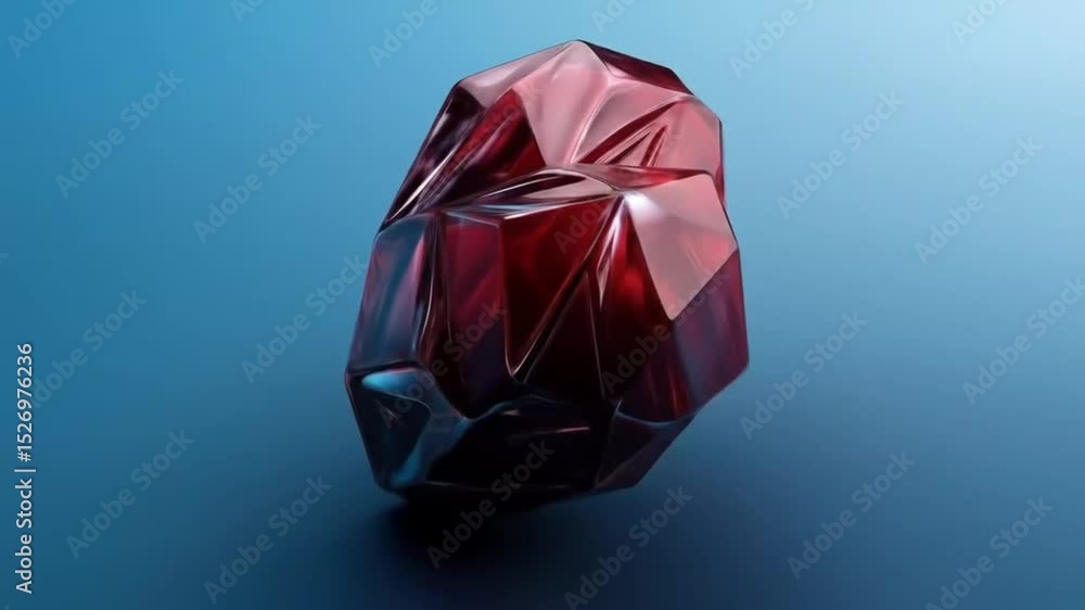 A vibrant, glossy, red heart-shaped gem, multifaceted and slightly crumpled, sits on a muted blue backdrop A vibrant, glossy, red heart-shaped gem, multifaceted and slightly crumpled, sits on a muted blue backdrop