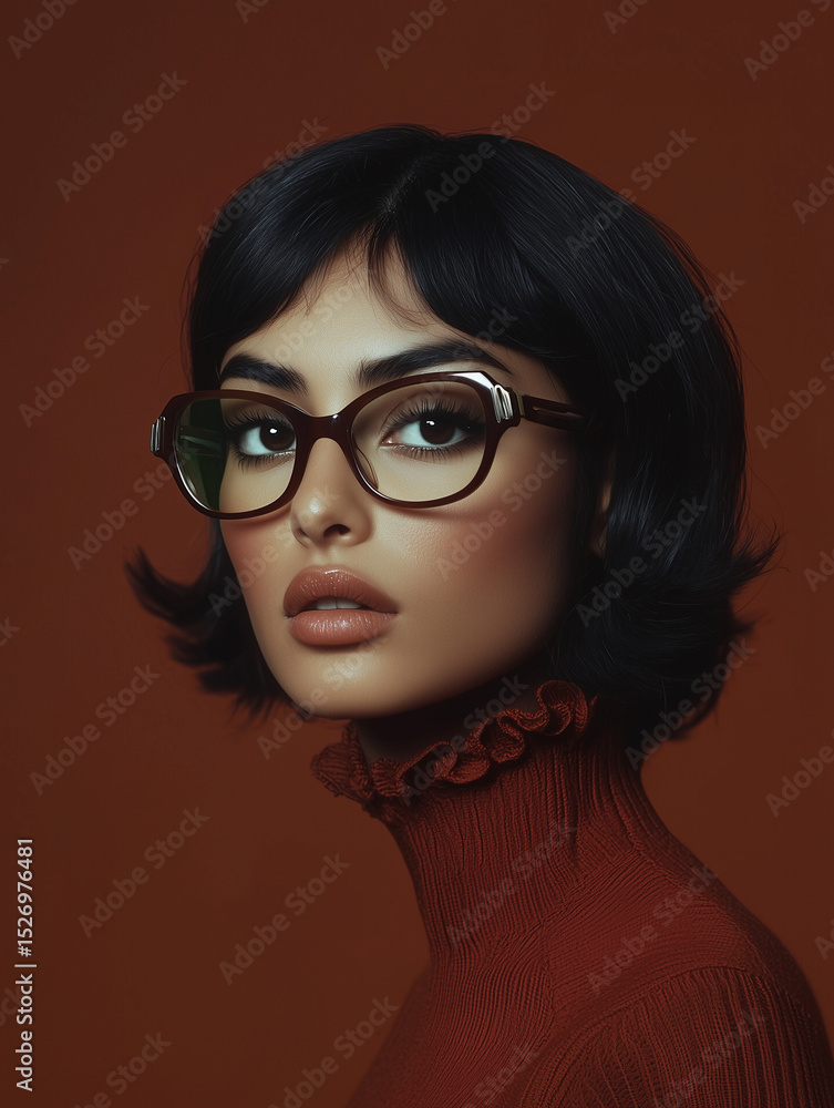 Fototapeta premium Fashionable glasses advertisement. Bright Fashionable studio portrait of stylish arab woman wearing glasses, editorial portrait in 1960s style