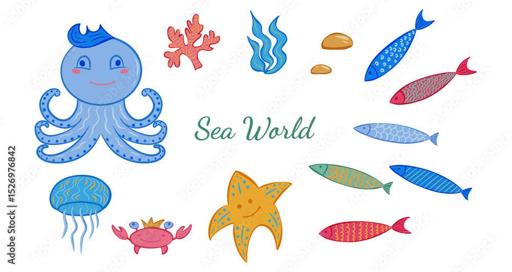 Obraz premium Set of marine animals and ocean elements