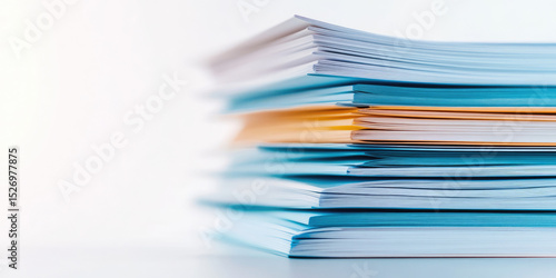 A stack of colorful paper documents is neatly arranged, showcasing layers of blue and yellow sheets. Office organization and paperwork