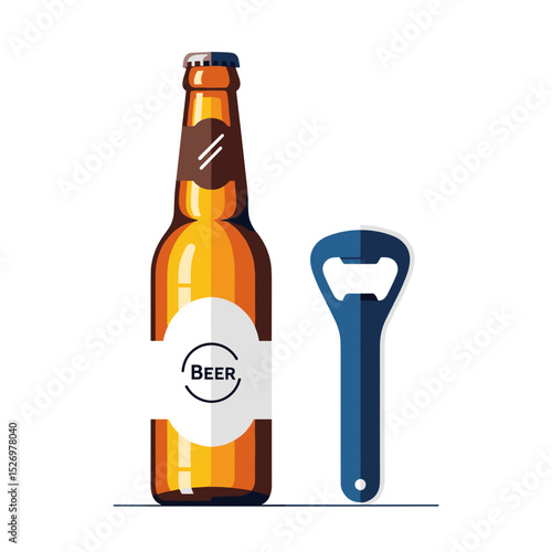 Beer bottle with label and bottle opener in minimalist style  