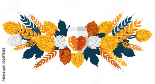 Beer glass surrounded by hops and wheat in autumn colors  