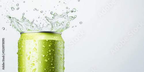 A green can with water droplets is splashed by water on top. Refreshing and dynamic beverage concept