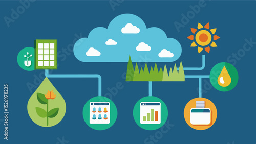 An integrated system where weather forecasting data is used to adjust the nutrient delivery schedule ensuring crops receive the right nutrients at the right time.. Vector illustration