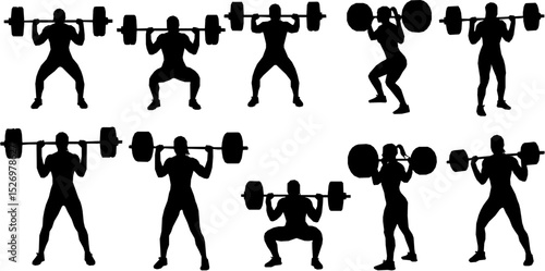 Weight lifter woman, abstract isolated vector silhouette on white background
