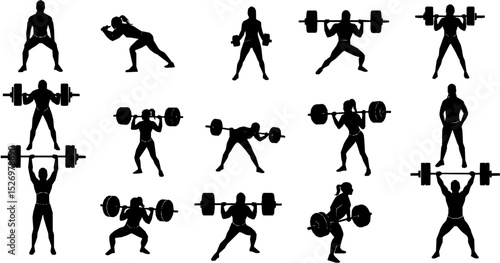 Weight lifter woman, abstract isolated vector silhouette on white background
