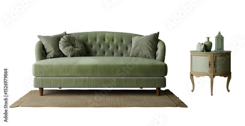 Wallpaper Mural Green vintage, sofa , rug and table isolated PNG. 3d rendering Torontodigital.ca
