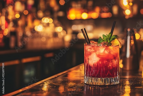A luxurious hotel bar with elegant lighting, premium cocktails, and stylish furniture, creating a sophisticated atmosphere
