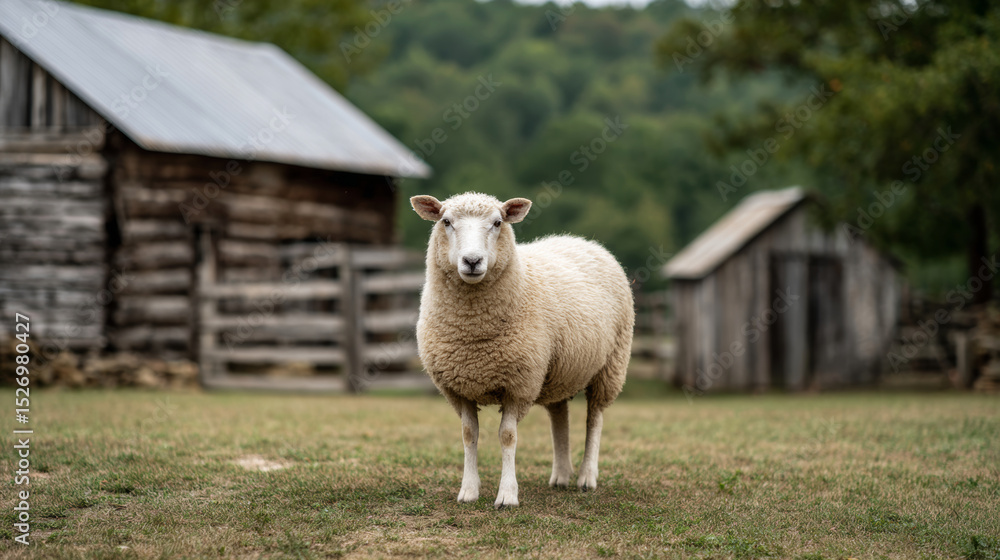 Obraz premium Woolly flock grazing near weathered barn, basking in golden afternoon sunlight across pastoral farmyard landscape