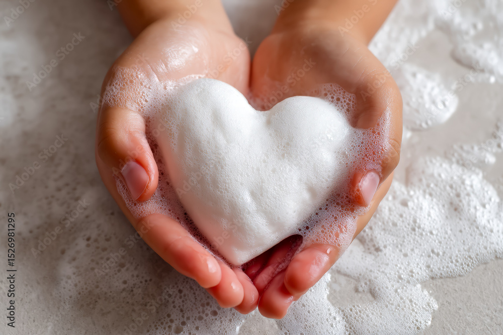 Fototapeta premium Hands holding a heart-shaped soap with bubbles on a soapy surface