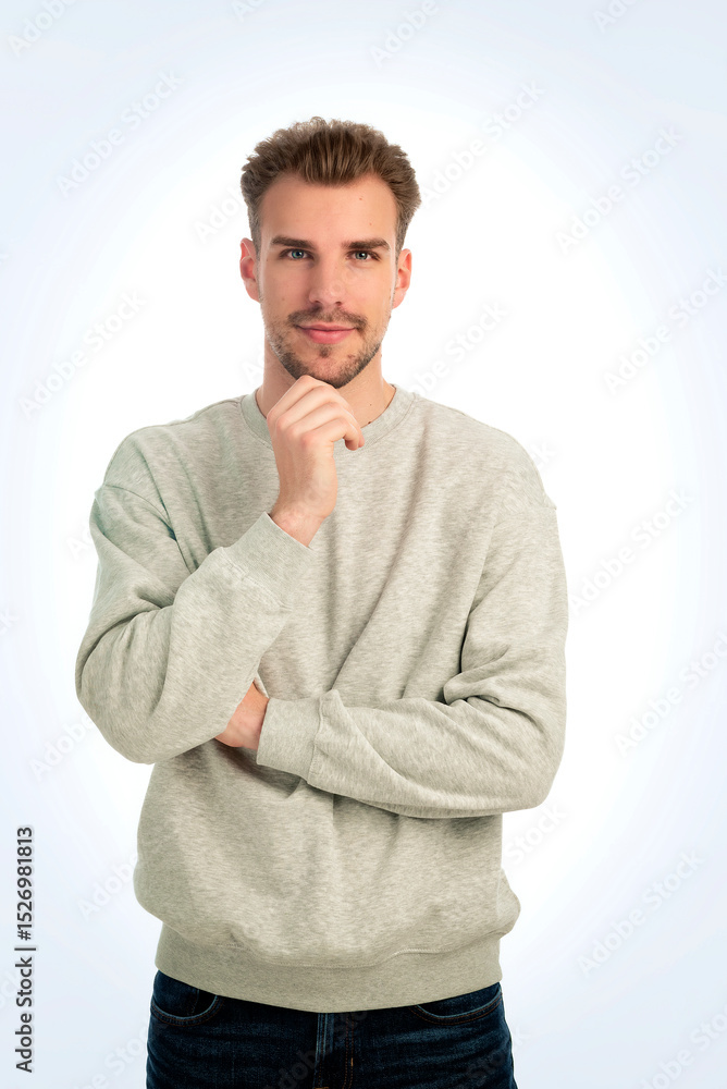 Studio shot of a young man standing against isolated white background. Confiden male wearing grey sweater and looking at camera. Copy space. Studio shot of a young man standing against isolated white background. Confiden male wearing grey sweater and looking at camera. Copy space.