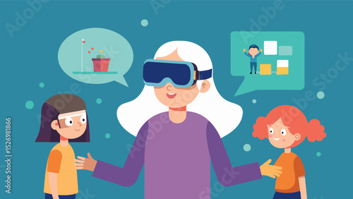 A young girl using VR technology to reenact moments from her grandparents lives helping to strengthen their cognitive abilities and bridge generational gaps.. Vector illustration