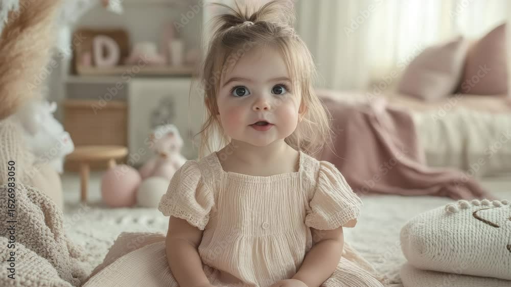 Cute Little Girl in Light Pink Dress with Hair Bow Cute Little Girl in Light Pink Dress with Hair Bow