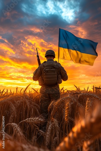 Soldier holding flag stands in golden wheat field during sunset, showcasing bravery and resilience against vibrant sky, symbolizing hope and unity in challenging times