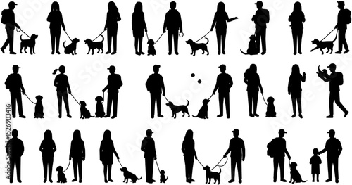 Group people all ages activities with dogs vector silhouette set collection.
