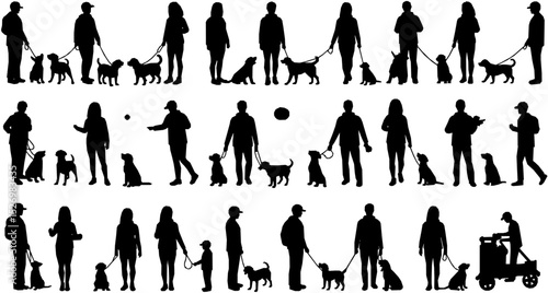 Group people all ages activities with dogs vector silhouette set collection.
