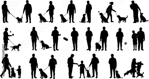 Group people all ages activities with dogs vector silhouette set collection.
