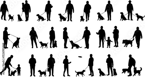 Group people all ages activities with dogs vector silhouette set collection.
