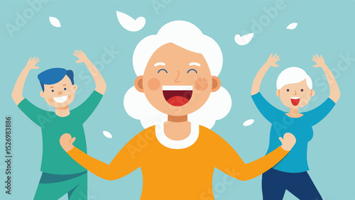 An elderly person participating in a laughter yoga session surrounded by others and engaging in playful and lighthearted exercises. The groups playful energy and laughter can help. Vector illustration