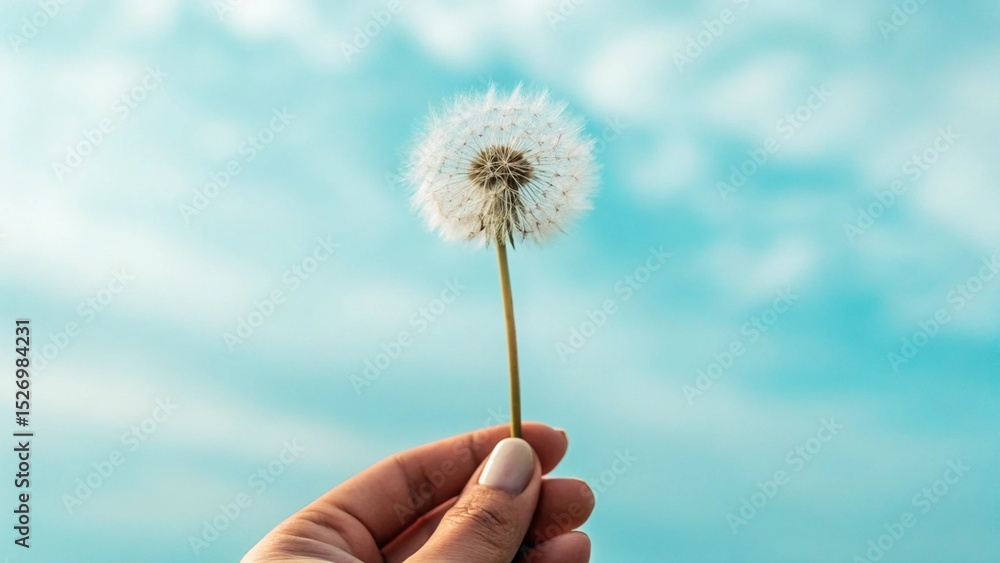 Fototapeta premium A delicate dandelion seed head is gently held in a hand against a clear, soft blue sky with wispy clouds