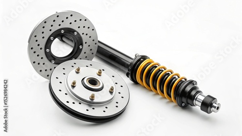 Close-up of high-performance orange springs and metallic automotive components, including a drilled brake rotor, showcasing intricate details and advanced technology