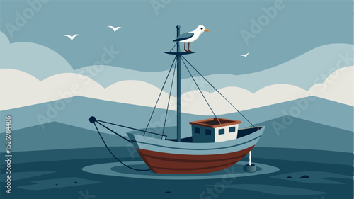 A lone seagull perches on the empty mast of a fishing boat the only sign of life amidst the vast emptiness. It serves as a grim reminder of the effects of overfishing and the. Vector illustration