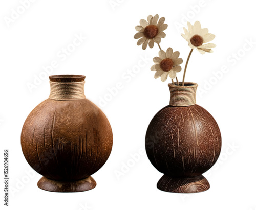 Beautiful and attractive coconut shell decorative vases isolated on white background