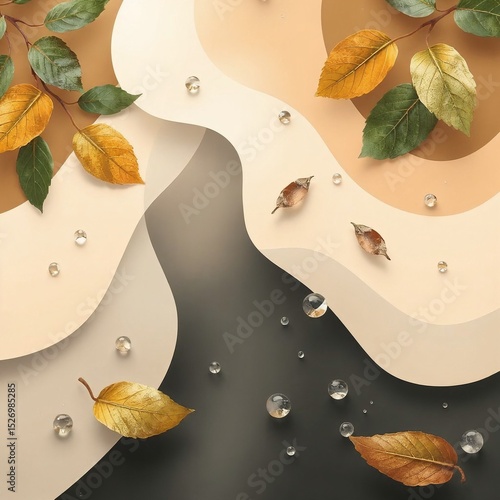 Autumn leaves and water drops in layered paper cut style