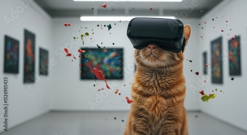 Ginger cat in VR headset exploring digital art in gallery