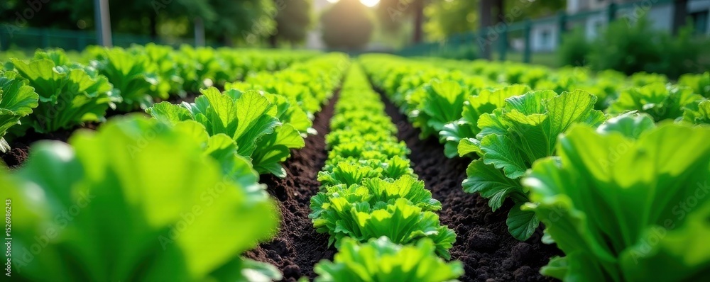 Neat rows of thriving green vegetables in a city community garden , healthy, vibrant, farm Neat rows of thriving green vegetables in a city community garden , healthy, vibrant, farm