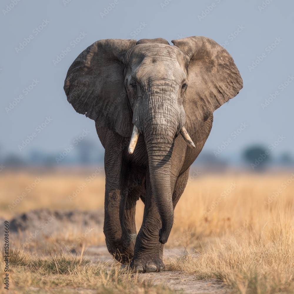 Fototapeta premium Majestic elephant strides purposefully across the African savanna, tusks gleaming in the sunlight