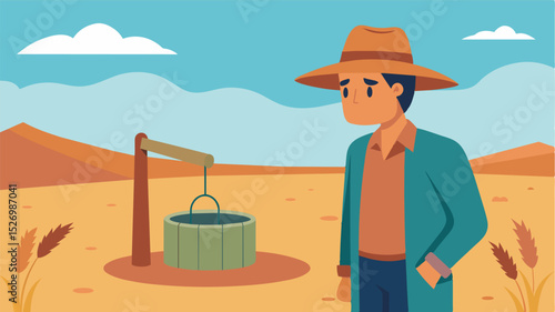 A farmer gazing sadly at their droughtstricken crops with the empty well in the background.. Vector illustration