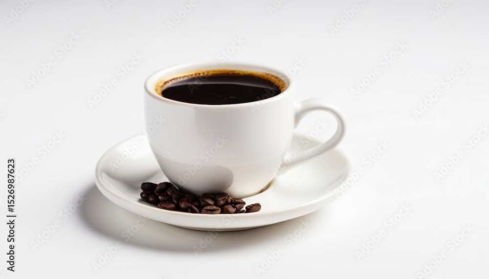 A white ceramic coffee cup sits on a white saucer surrounded by coffee beans. A minimalistic approach and a light background create an atmosphere of calm and comfort. A white ceramic coffee cup sits on a white saucer surrounded by coffee beans. A minimalistic approach and a light background create an atmosphere of calm and comfort.