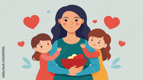 A mother holds onto her children tightly her heart heavy with the realization that this may be the only meal they have today.. Vector illustration