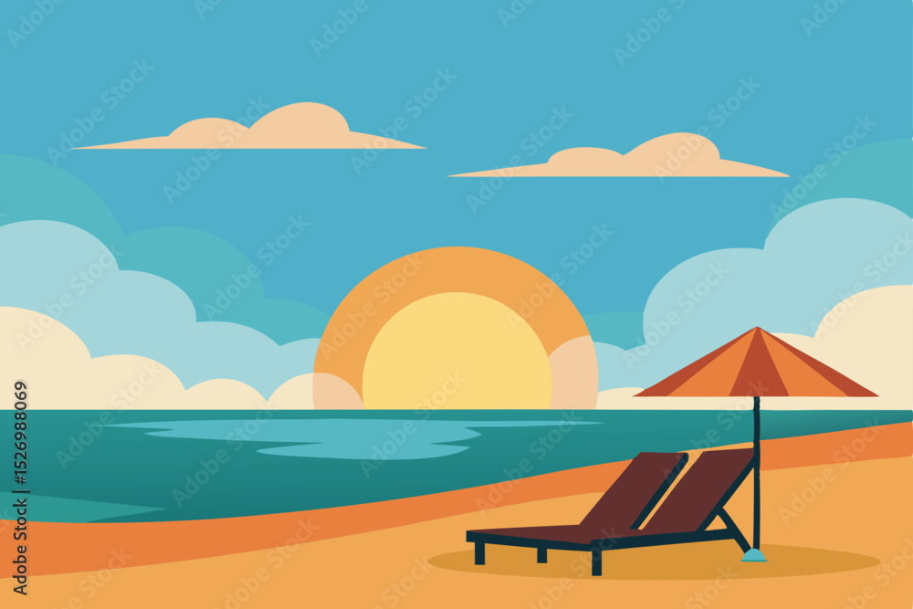 Naklejka premium Sunset Beach Scene Idyllic Relaxation at the Seaside